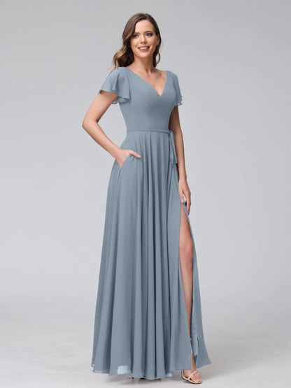 A-Line V-Neck Ruffles Short Sleeves Long Chiffon Dresses With Split Side