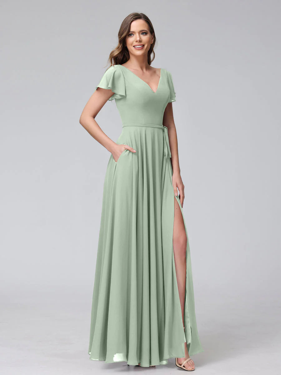 A-Line V-Neck Ruffles Short Sleeves Long Chiffon Dresses With Split Side