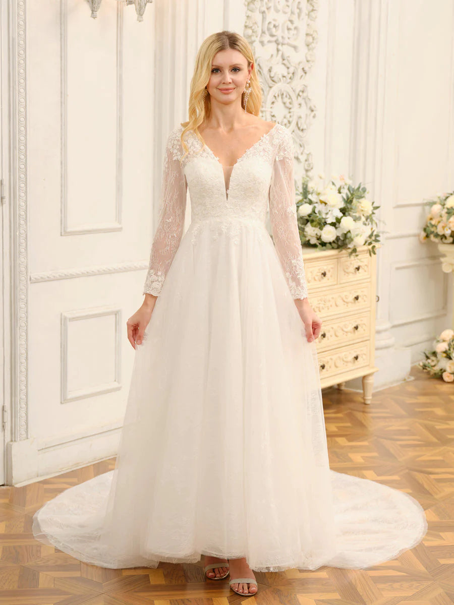 A-Line/Princess V-Neck Long Lace Wedding Dresses With Appliques