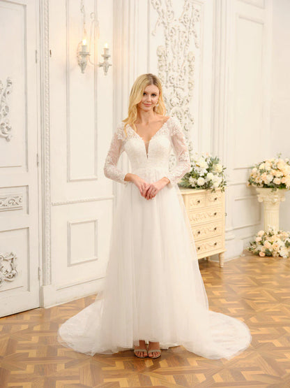 A-Line/Princess V-Neck Long Lace Wedding Dresses With Appliques