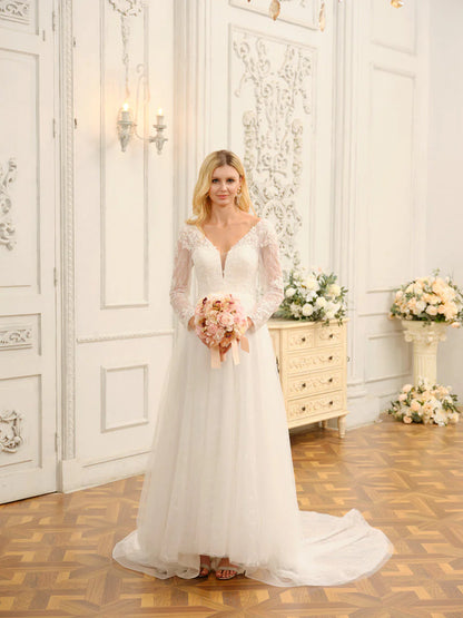 A-Line/Princess V-Neck Long Lace Wedding Dresses With Appliques