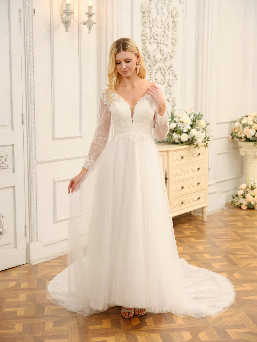 A-Line/Princess V-Neck Long Lace Wedding Dresses With Appliques