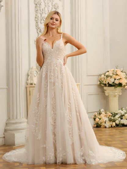 A-Line/Princess Spaghetti Straps Sleeveless Long Wedding Dresses With Appliques