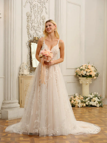 A-Line/Princess Spaghetti Straps Sleeveless Long Wedding Dresses With Appliques