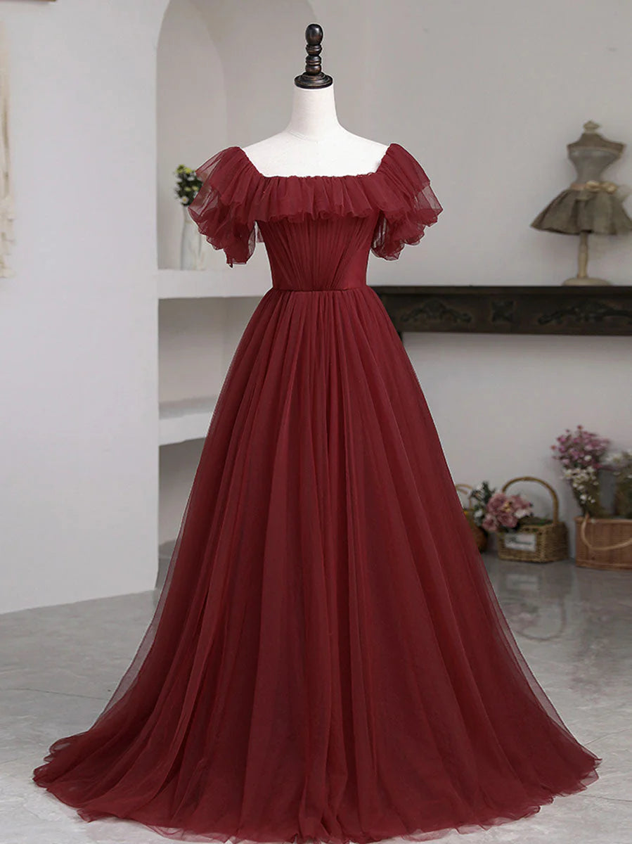 Simple A line burgundy tulle long prom dress