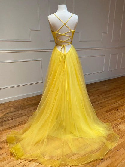 Yellow sweetheart tulle long prom dress yellow evening dress