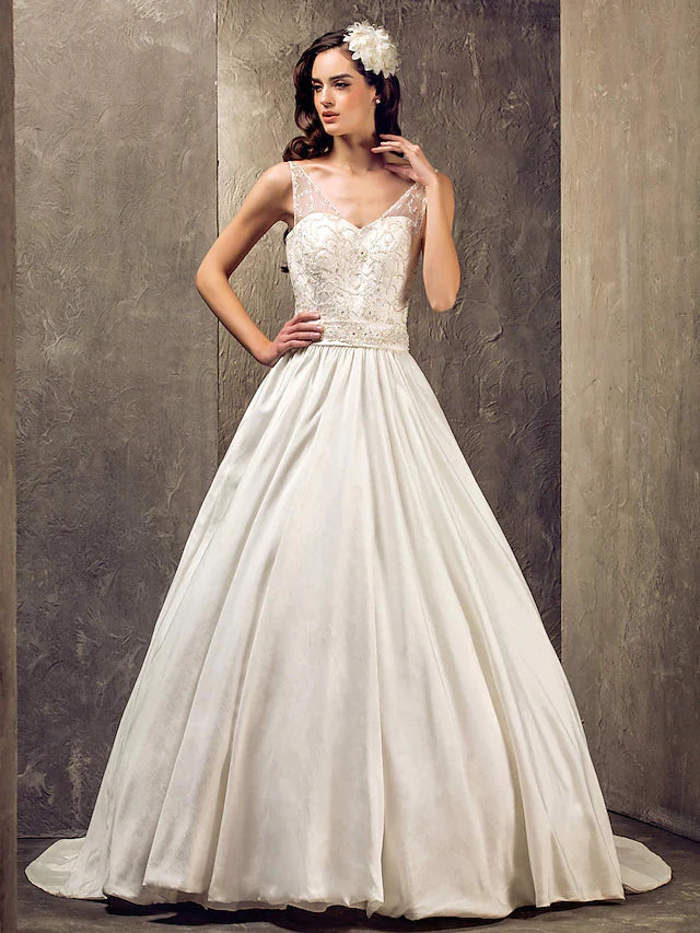 DingjiPrincess A-Line Wedding Dresses V Neck Lace Taffeta Sleeveless