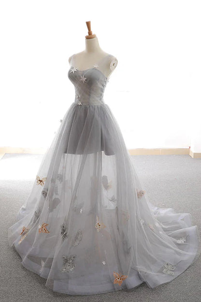 Gray sweetheart tulle long prom dress gray evening dress