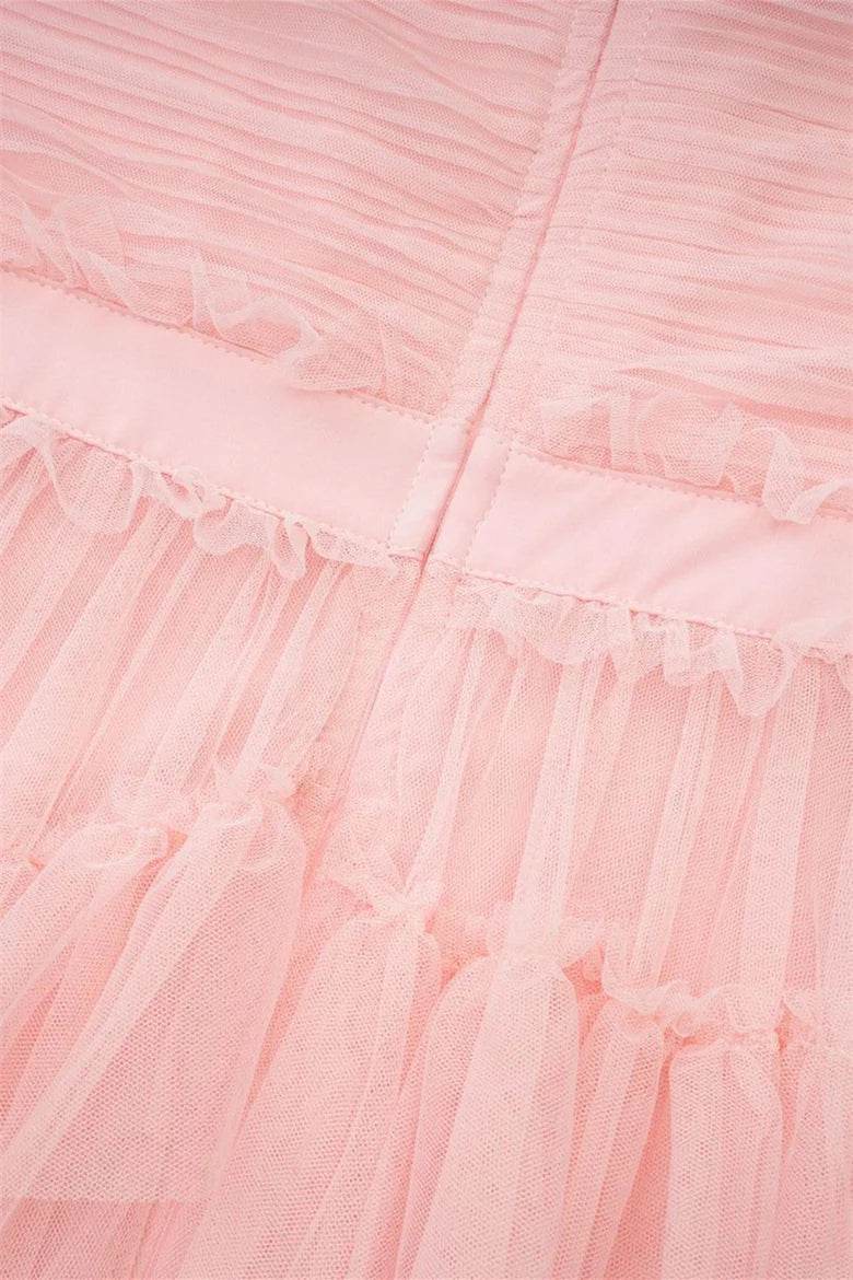 V-neck Pink Ruffle Tiered A-line Long Prom Dress