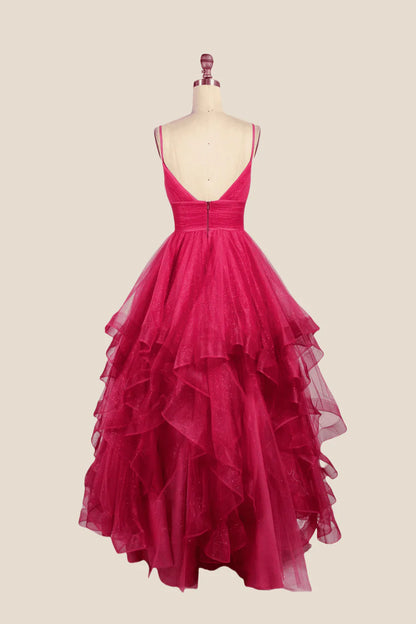 V-neck Hot Pink Irregular Hem A-line Long Prom Dress