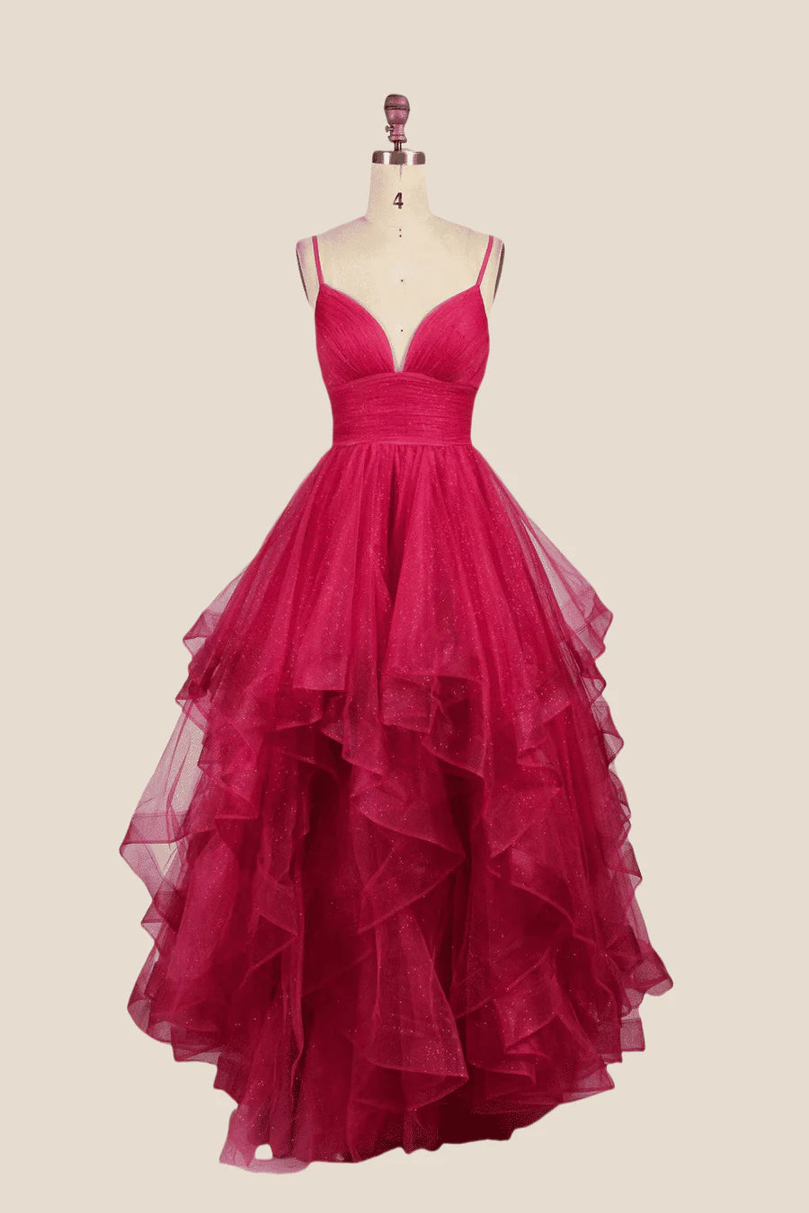 V-neck Hot Pink Irregular Hem A-line Long Prom Dress