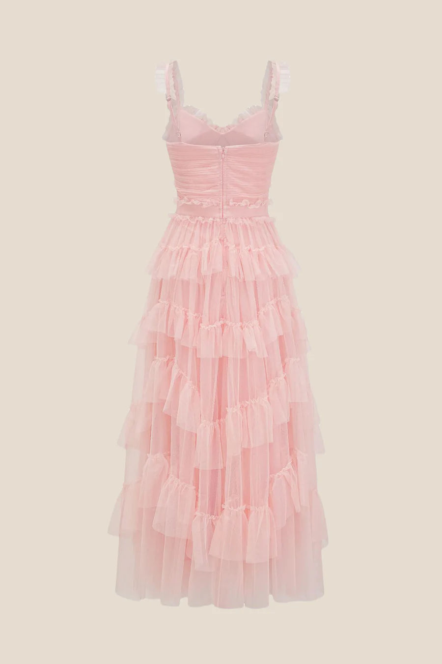 V-neck Pink Ruffle Tiered A-line Long Prom Dress