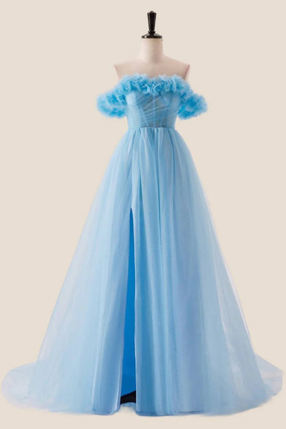 Off the Shoulder Blue A-line Long Prom Dress