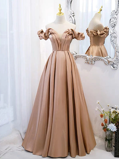 A-Line Off Shoulder Satin Champagne Long Prom Dress