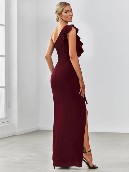 Elegant One Shoulder Slit High Stretch Evening Dress with Ruffles