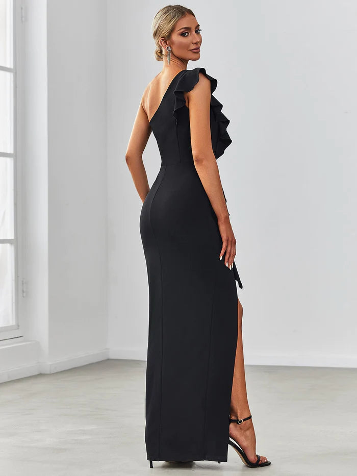 Elegant One Shoulder Slit High Stretch Evening Dress with Ruffles