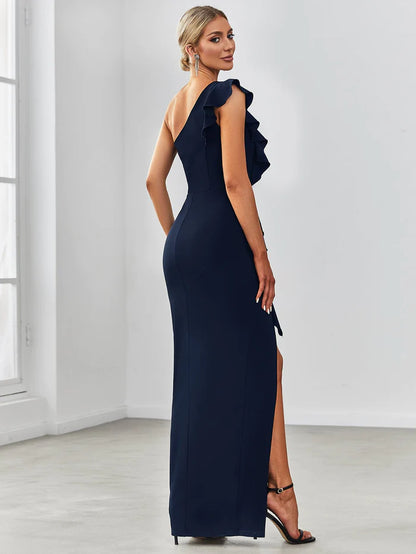 Elegant One Shoulder Slit High Stretch Evening Dress with Ruffles