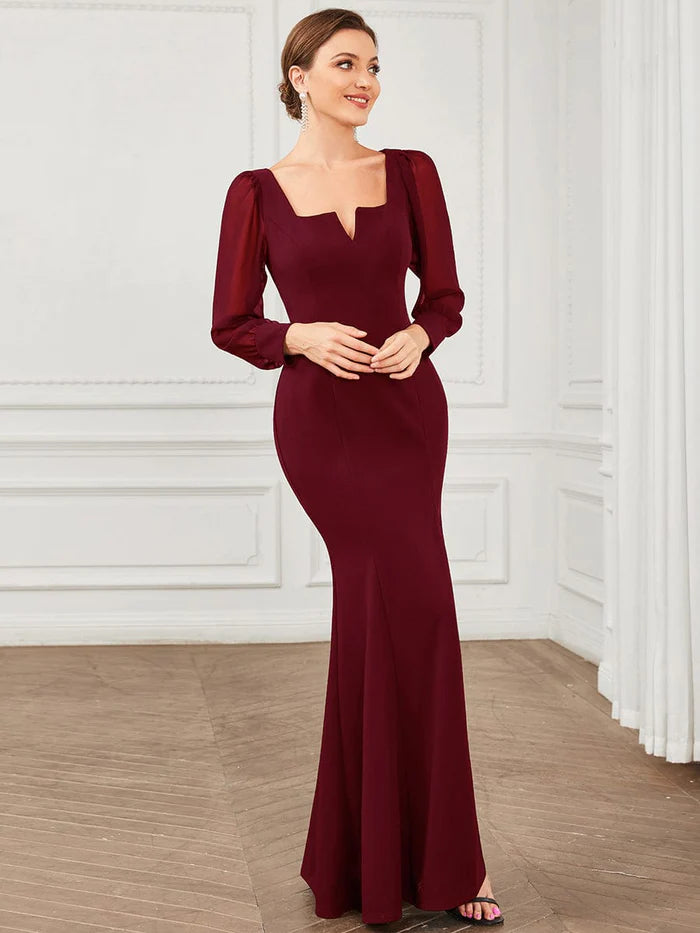 Long Sleeve Square Neck High Stretch Evening Gown with Slit