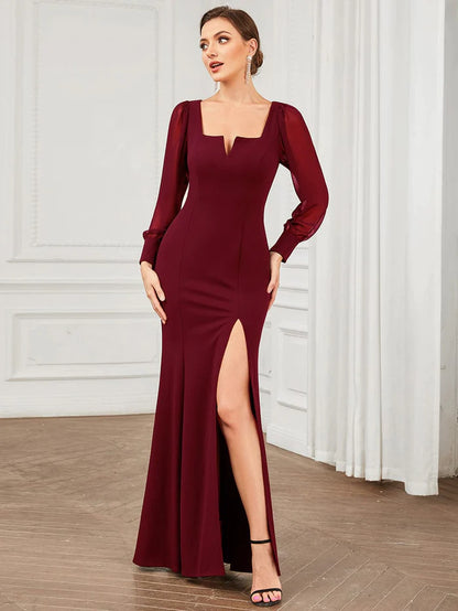 Long Sleeve Square Neck High Stretch Evening Gown with Slit