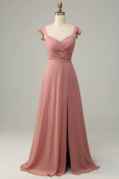 Dusty Rose A Line Ruffles Long Bridesmaid Dress With Slit