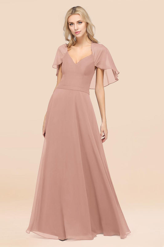 Long A Line V Neck Chiffon Floor-Length Bridesmaid Dress with Sleeves