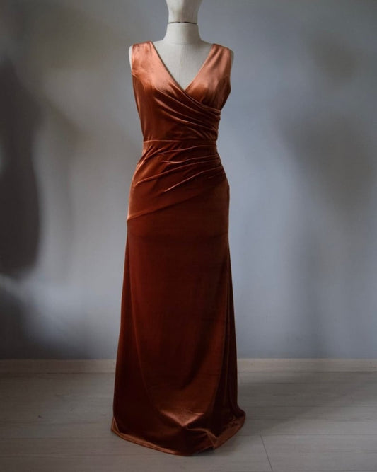 V-Neck Terracotta Velvet Prom Dress Faux Surplice Neckline Velvet MOH Dress