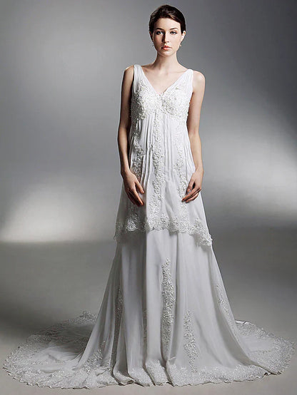 Princess A-Line Wedding Dresses V Neck Chapel Train Chiffon Sleeveless