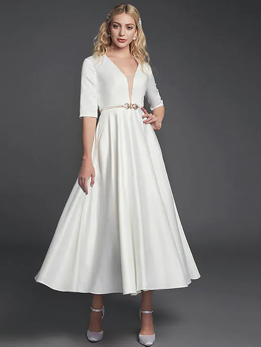 A-Line Minimalist Elegant Homecoming Cocktail Party Dress V Neck Half Sleeve Tea Length Satin with Ribbon Pleats