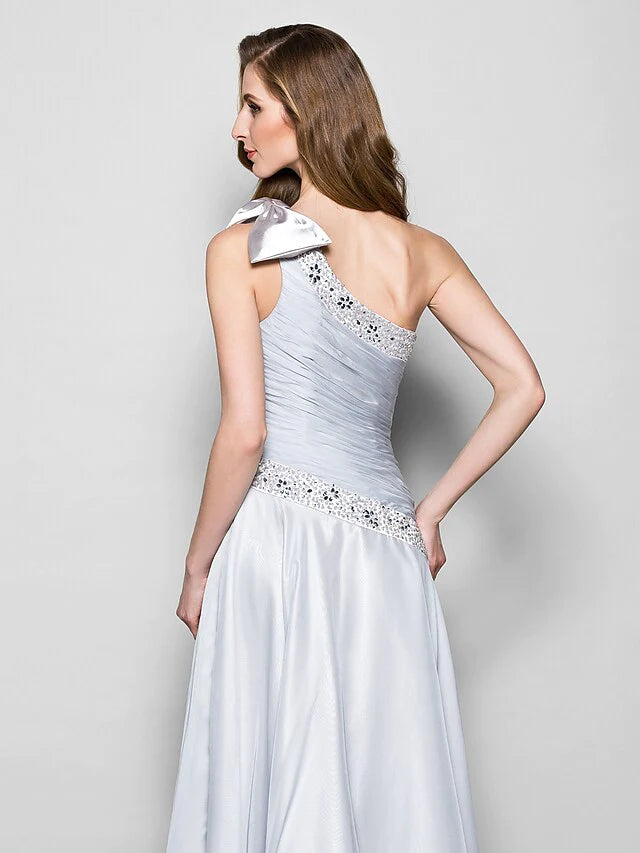 A-Line Mother of the Bride Dress Elegant One Shoulder Floor Length Chiffon Sleeveless with Bow(s) Crystals Beading