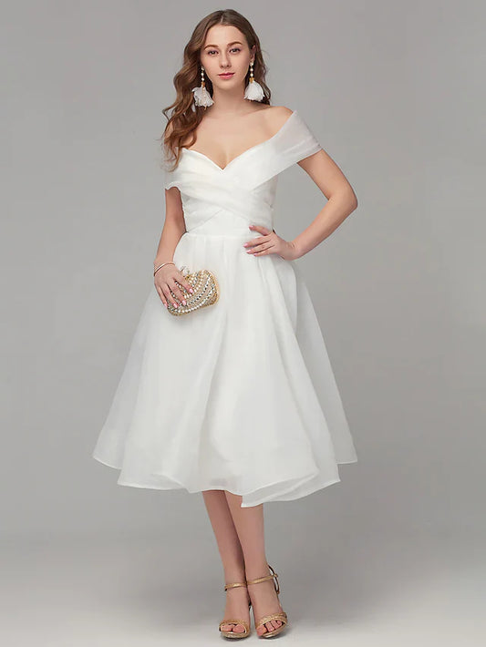 DingjiA-Line White Elegant Engagement Cocktail Party Dress Off Shoulder Sleeveless Tea Length Organza with Criss Cross Pleats