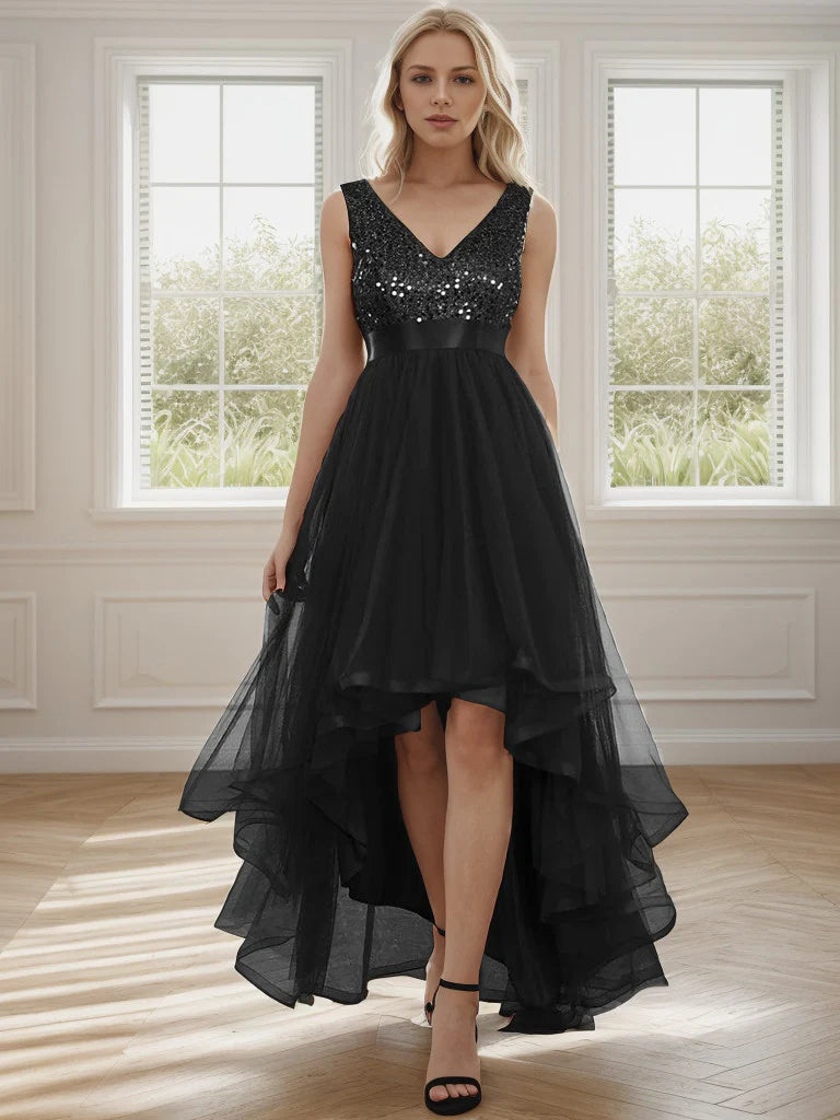 DingjiSleeveless Sequin Ribbon Waist Tulle High Low Evening Dress