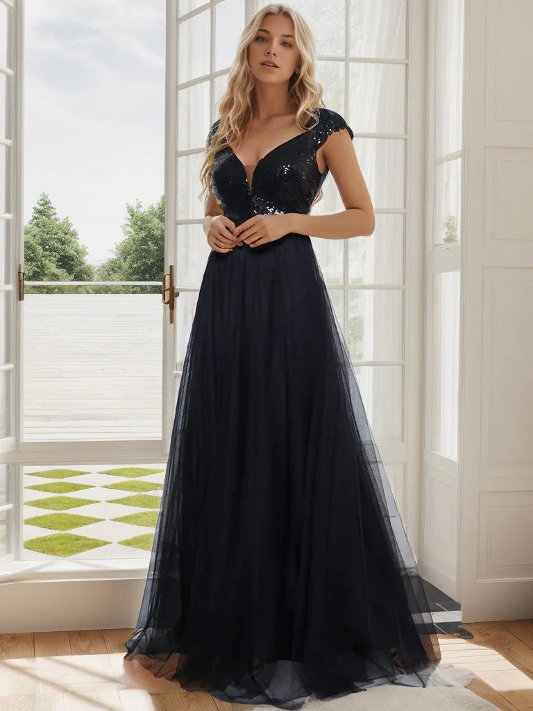 Shiny Sequin Bodice Off the Shoulder Maxi Tulle Evening Dress