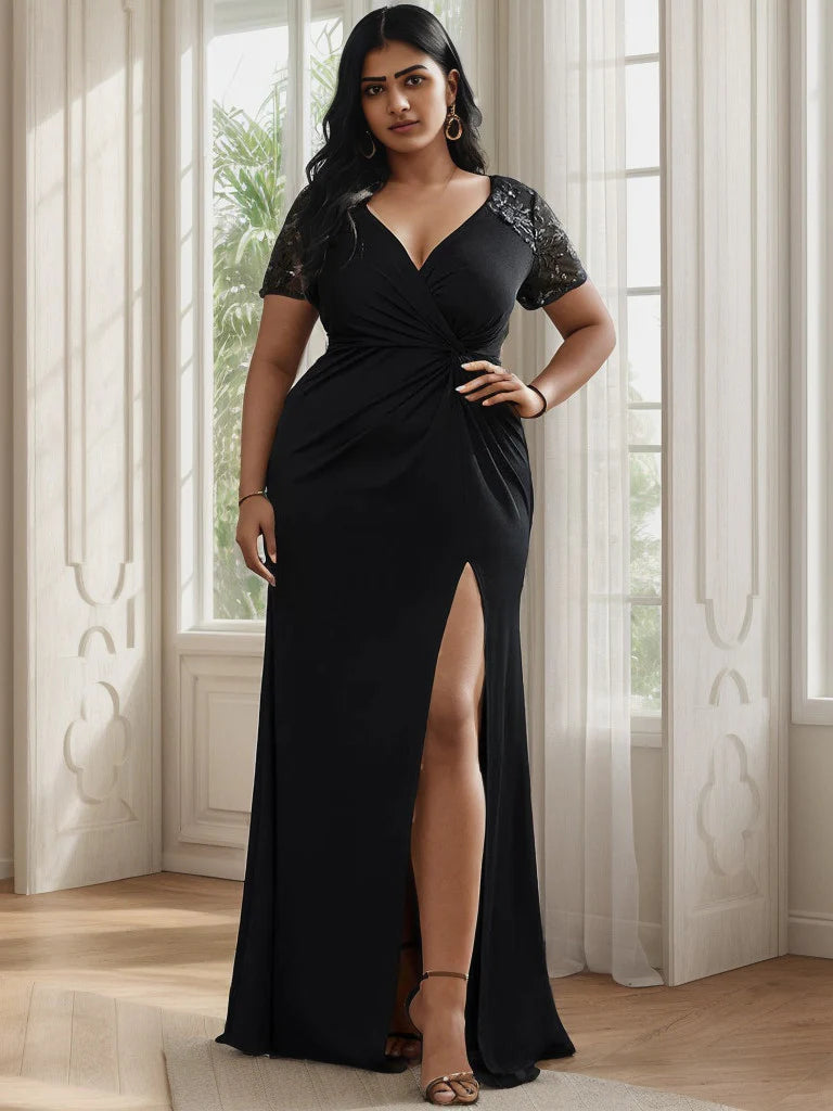 Plus Size Front Slit Short Sleeve With Sequin Mother of the Bride Dress