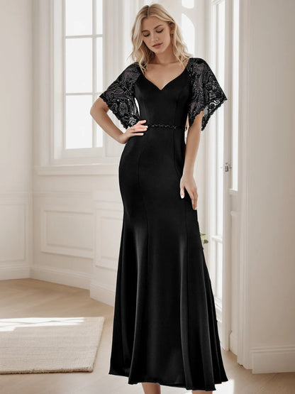 Sexy V Neck Maxi Bodycon Evening Dress with Flare Sleeves