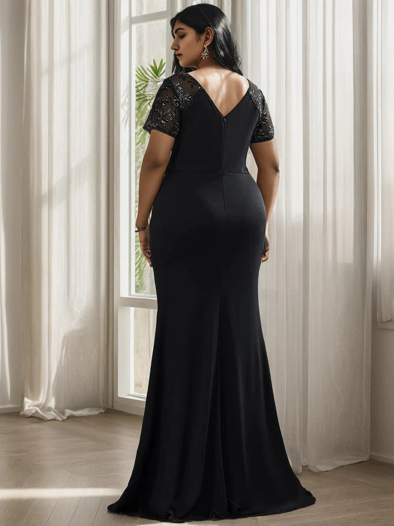 Plus Size Front Slit Short Sleeve With Sequin Mother of the Bride Dress