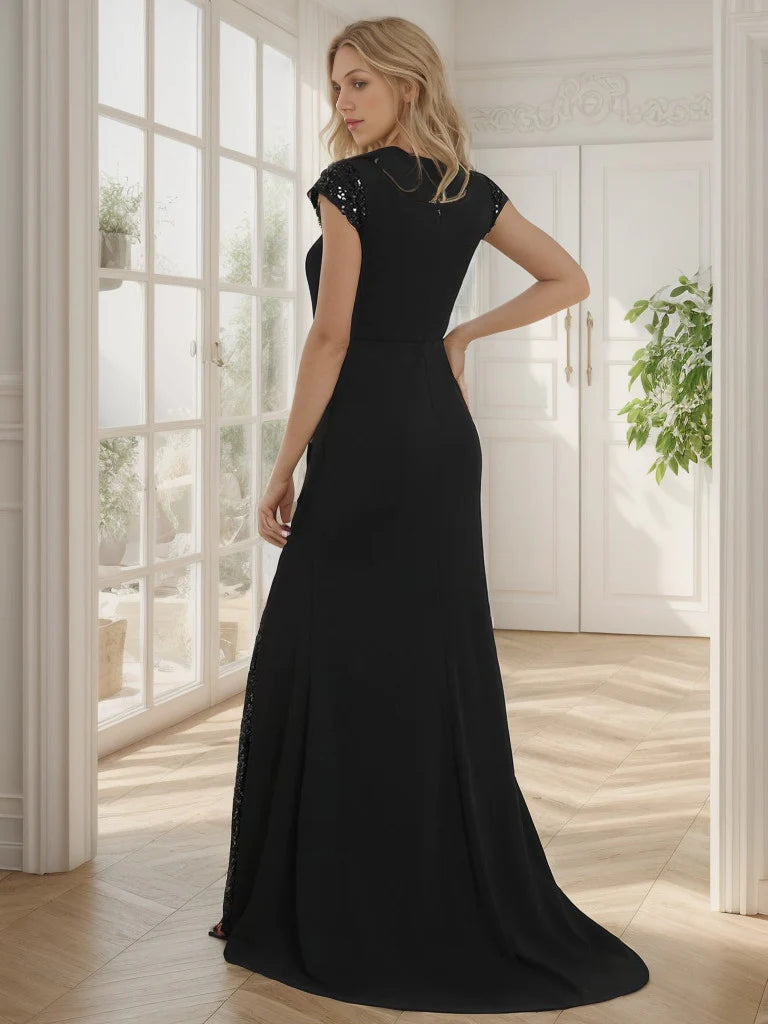 Sequin Cap Sleeve V-Neck A-Line Evening Dress