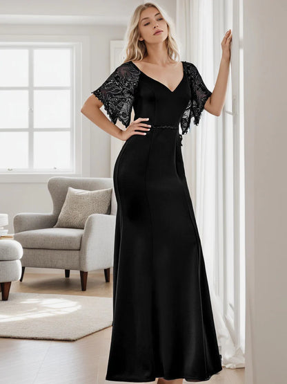 Sexy V Neck Maxi Bodycon Evening Dress with Flare Sleeves