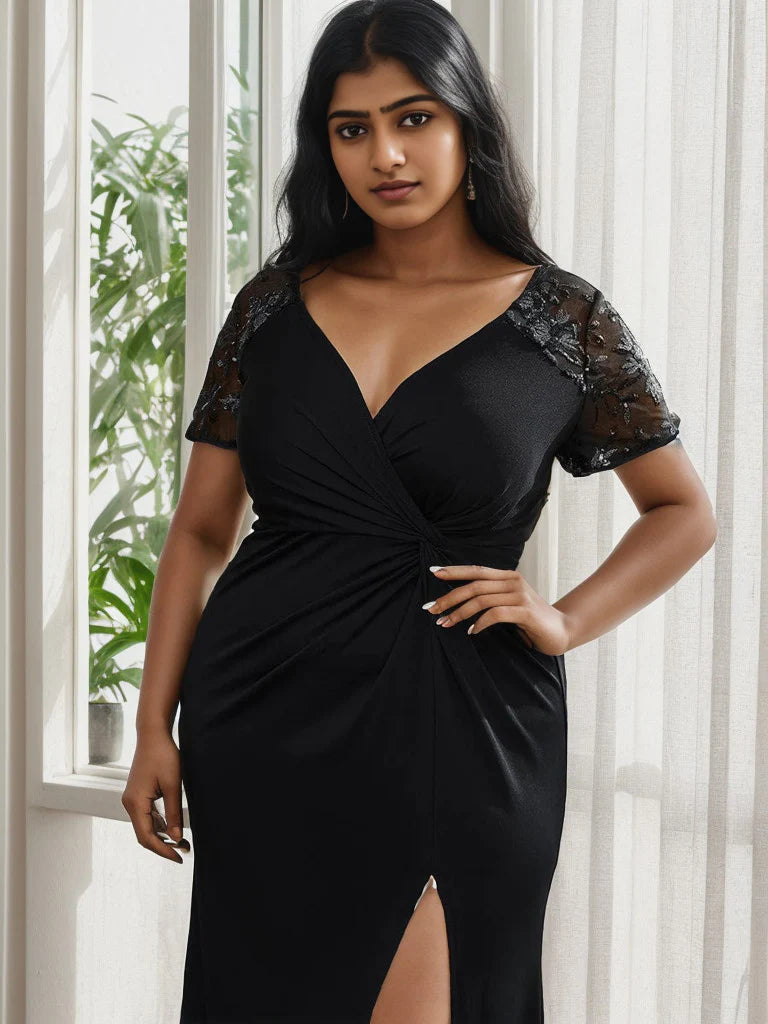 Plus Size Front Slit Short Sleeve With Sequin Mother of the Bride Dress