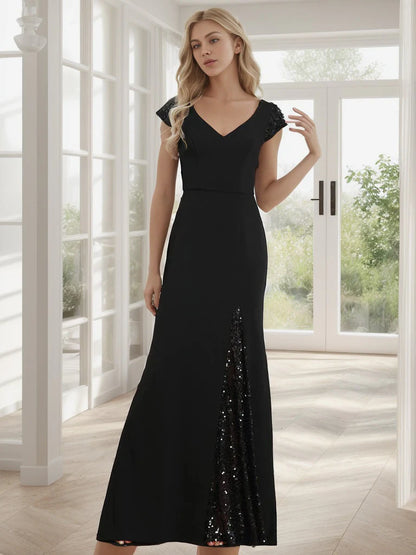 Sequin Cap Sleeve V-Neck A-Line Evening Dress