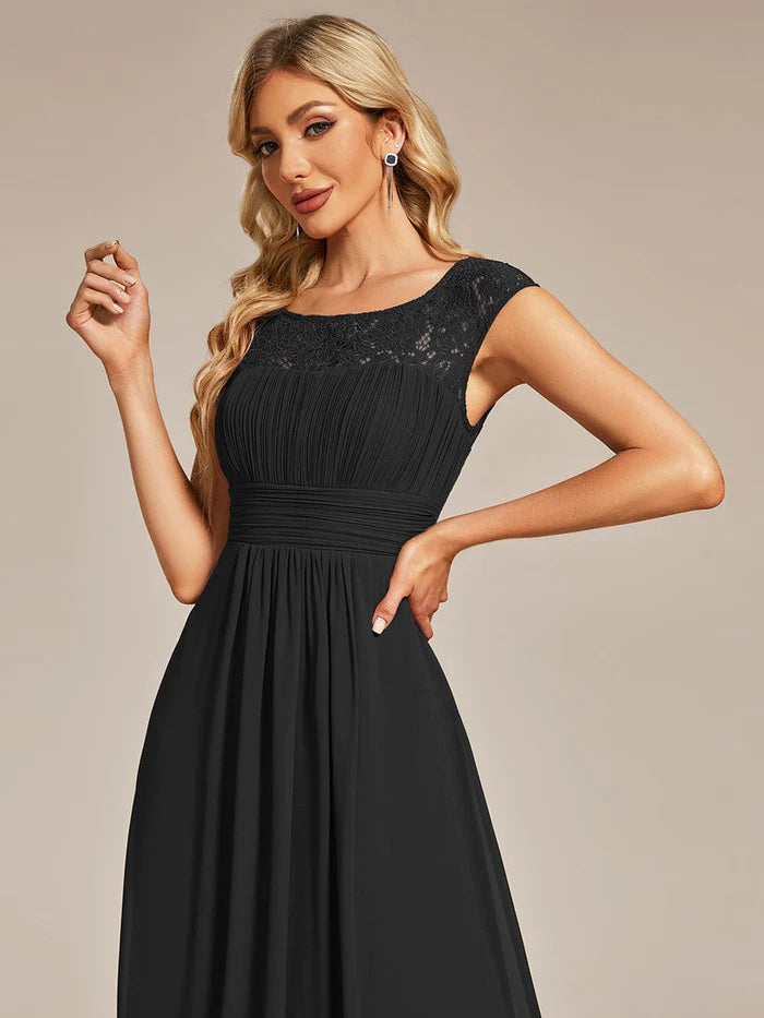 Elegant Chiffon Maxi Formal Evening Dress with Lace Cap Sleeve