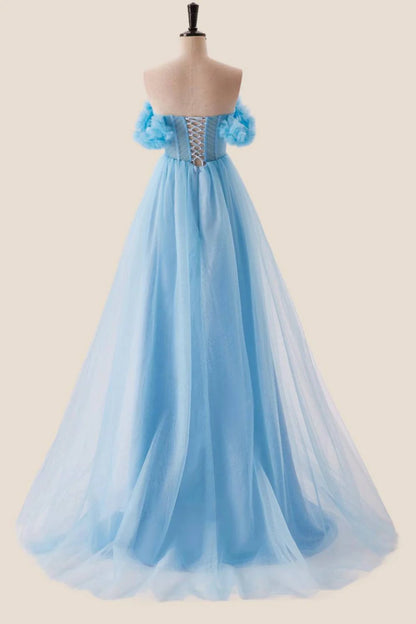 Off the Shoulder Blue A-line Long Prom Dress