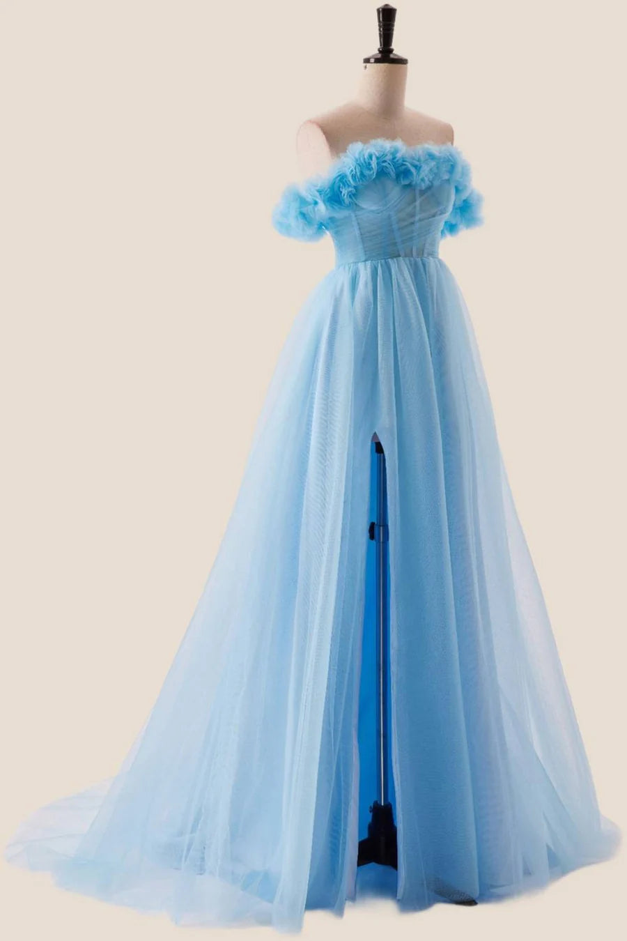 Off the Shoulder Blue A-line Long Prom Dress