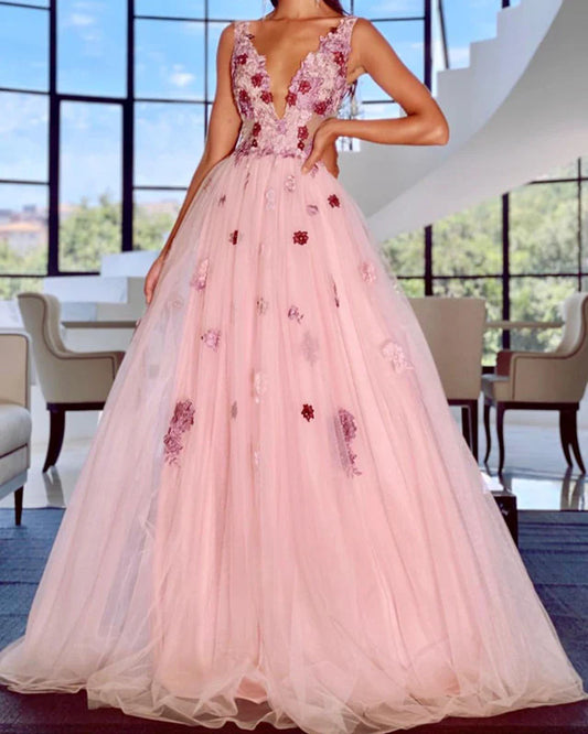 Elegant Tulle V Neck Evening Dresses 3D Flowers