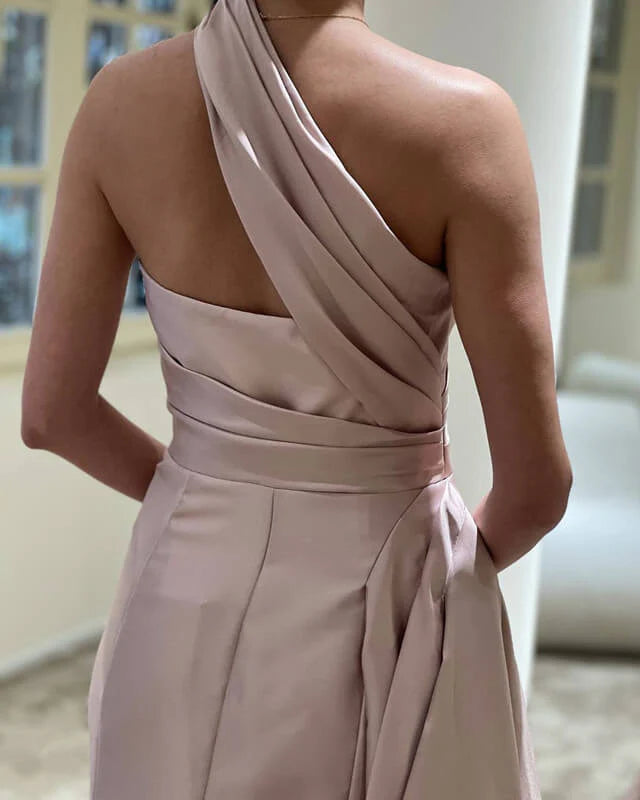Elegant Long Dusty Rose One Shoulder Satin Sleeveless Floor Length Prom Dress