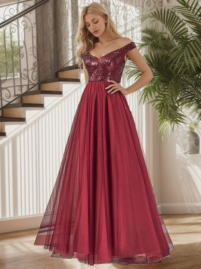 Shiny Sequin Bodice Off the Shoulder Maxi Tulle Evening Dress