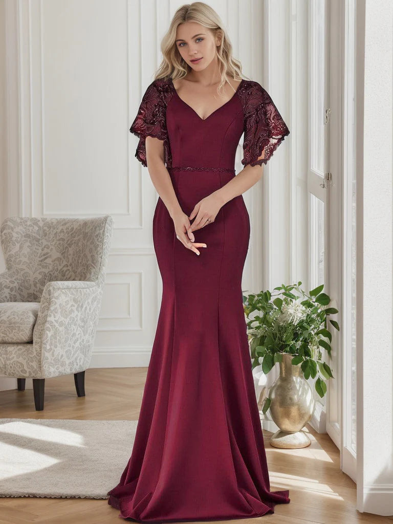 Sexy V Neck Maxi Bodycon Evening Dress with Flare Sleeves