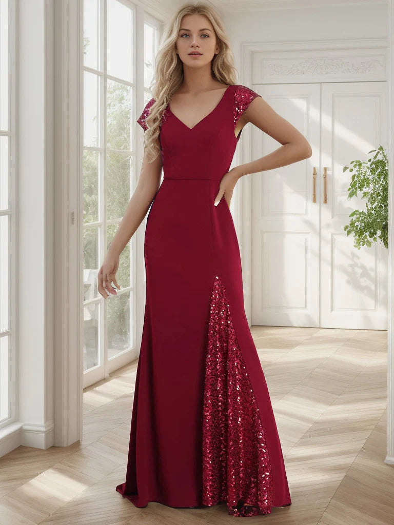 Sequin Cap Sleeve V-Neck A-Line Evening Dress