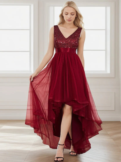 DingjiSleeveless Sequin Ribbon Waist Tulle High Low Evening Dress