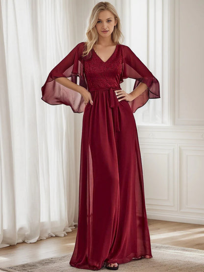 Deep V Neck Lace Bodice Long Flowy Evening Dress