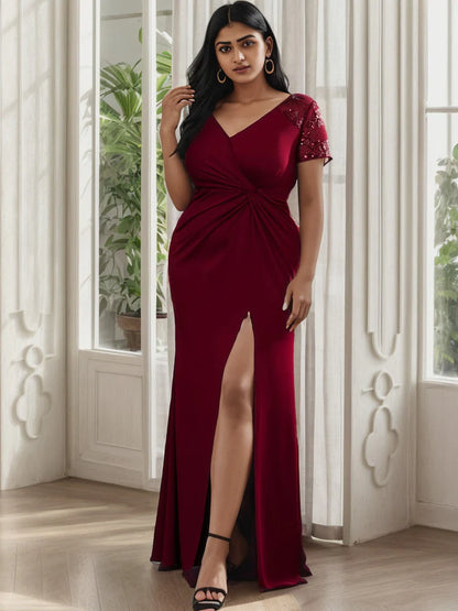 Plus Size Front Slit Short Sleeve With Sequin Mother of the Bride Dress